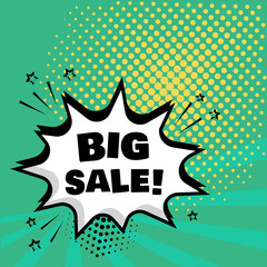 White comic bubble with BIG SALE word on green background. Comic sound effects in pop art style. Vector illustration.