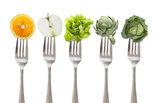 Healthy Eating: Five Iron Fork With Fruit And Vegetable, On White