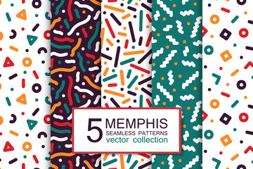 Fototapeta premium Collection of colorful seamless patterns - memphis design. Fashion 80-90s. Abstract trendy vector backgrounds