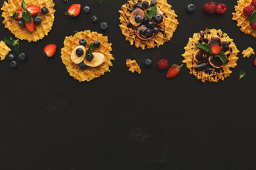 Waffles with fruits, breakfast background