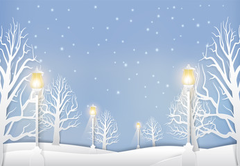 Winter landscape with lamp post and snow paper art style.  Christmas season background paper cut illustration