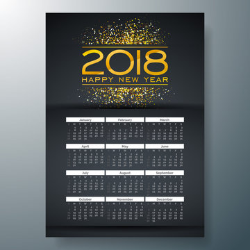 2018 Calendar Template Illustration with Shiny Gold Number on Black Background. Week Starts on Sunday. Vector Design.