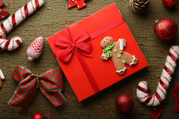 Red christmas box and decorations