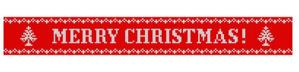 Fototapeta na wymiar Congratulations on Christmas and New Year. Text on a red background in the form of a ribbon with a knitted fabric texture. Flat vector cartoon illustration. Objects isolated on white background.