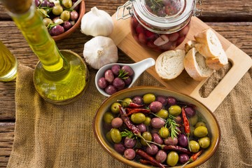 Marinated olives with ingredient and breakfast