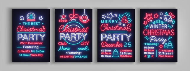 Christmas party collection of invitation templates, brochures, posters. Merry Christmas, set of holiday cards in neon style. Postcard, flyer bright sacred banner advertising for your holiday projects © Ivan