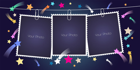Retro style collage of photo frames with pile vector illustration