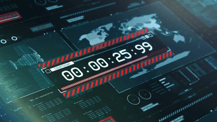 Red countdown message on screen, satellite control center hacked, missile launch. Emergency alert message on screen, satellite information, explosion, missile launch countdown