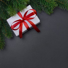 Fototapeta na wymiar Christmas tree branch and gift box