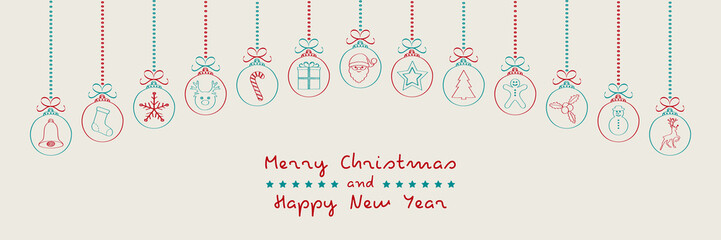 Naklejka premium Merry Christmas - wishes with different hand drawn baubles. Vector.