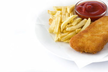 Traditional British fish and chips isolated on white background. Copyspace
