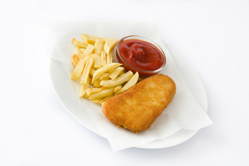 Traditional British fish and chips isolated on white background
