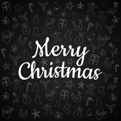 Merry Christmas - wishes on black board with funny doodles. Vector.