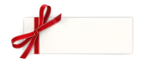 Gift card with red ribbon bow isolated on white background