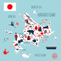 Japan cartoon travel map vector illustration, Hokkaido island, japanese symbols blossom sakura, cranes, decorative umbrella, kimono, traditional food sushi, bamboo, flag for design tourism advertising - obrazy, fototapety, plakaty
