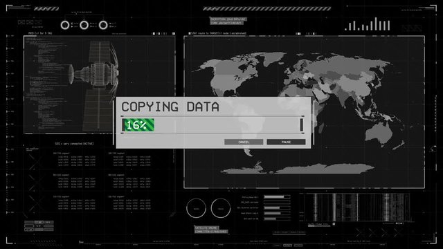 Satellite control center under hacking attack, hackers copying data, theft. Program interface with data copying in progress, hacking