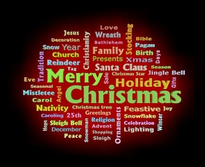 Merry Christmas red color glow 3D texts greetings word cloud front view isolated on black background