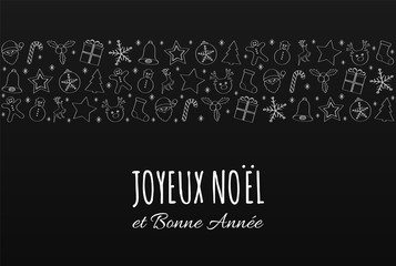 Joyeux Noel - Merry Christmas in French. Concept of Christmas card with decoration. Vector.