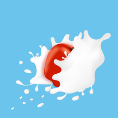 Vector of milk splash with red apple. Splash of milk on blue background.