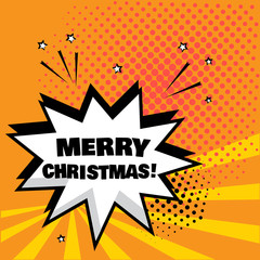 White comic bubble with MERRY CHRISTMAS word on orange background. Comic sound effects in pop art style. Vector illustration.