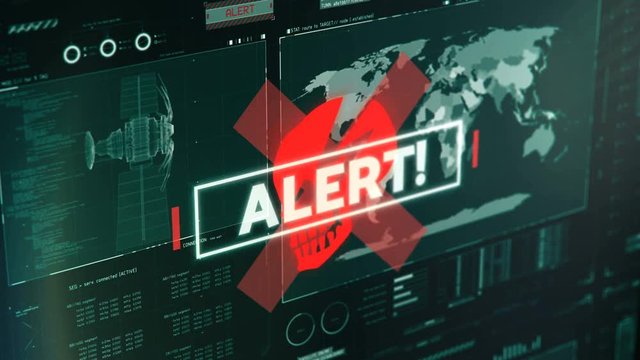 Warning message on screen, satellite security breach, terrorist attack alert. Program interface with warning message, hacking in progress