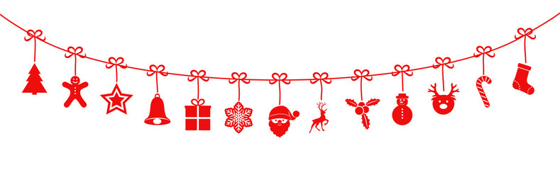 Christmas garland with red hanging icons. Vector.