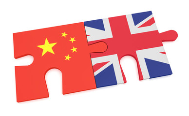 China Great Britain Partnership Concept: Chinese Flag And UK Flag Puzzle Pieces, 3d illustration isolated on white background