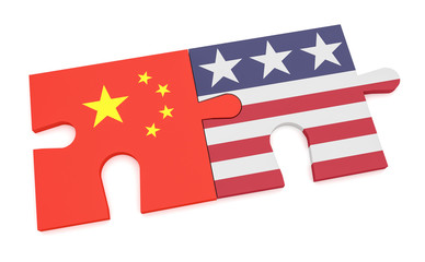 China USA Partnership Concept: Chinese Flag And US Flag Puzzle Pieces, 3d illustration isolated on white background