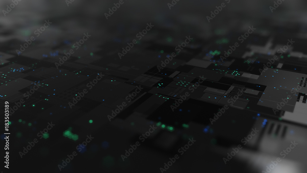 Wall mural abstract high tech digital technology background made of particles and metallic plates.