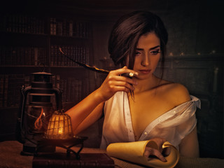Beauty writer in the home library, female art portrait