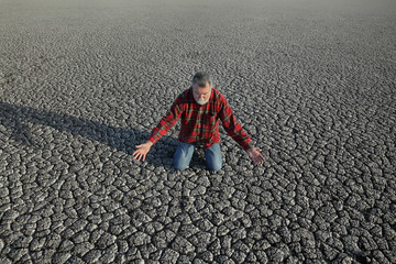 Desperate man kneeling at dry cracked land after drought, natural disaster