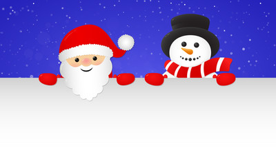 Christmas banner with happy Santa Claus and cute Snowman. Vector.