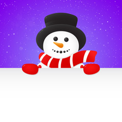 Smiley Snowman on purple background with snowflakes holding a card with copyspace. Vector.