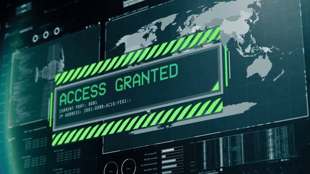 Authorization process, access granted green message on screen, system login. Program interface with access granted message, system login