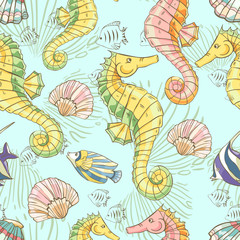 Seamless pattern with seahorse, shells and fish on blue background.