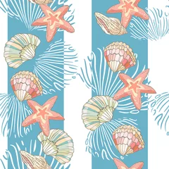 Photo sur Plexiglas Animaux marins Modèle sans couture avec des étoiles et des coquillages dessinés à la main. Rayures verticales sans fin.