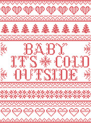 Seamless Baby its cold outside  Scandinavian fabric style, inspired by Norwegian Christmas, festive winter pattern in cross stitch with reindeer, Christmas tree, heart, snowflakes, snow, ornaments 