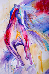 Beautiful colorful horse painted in watercolor on a white canvas © nizienko