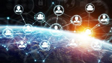 Digital social network on planet Earth 3D rendering