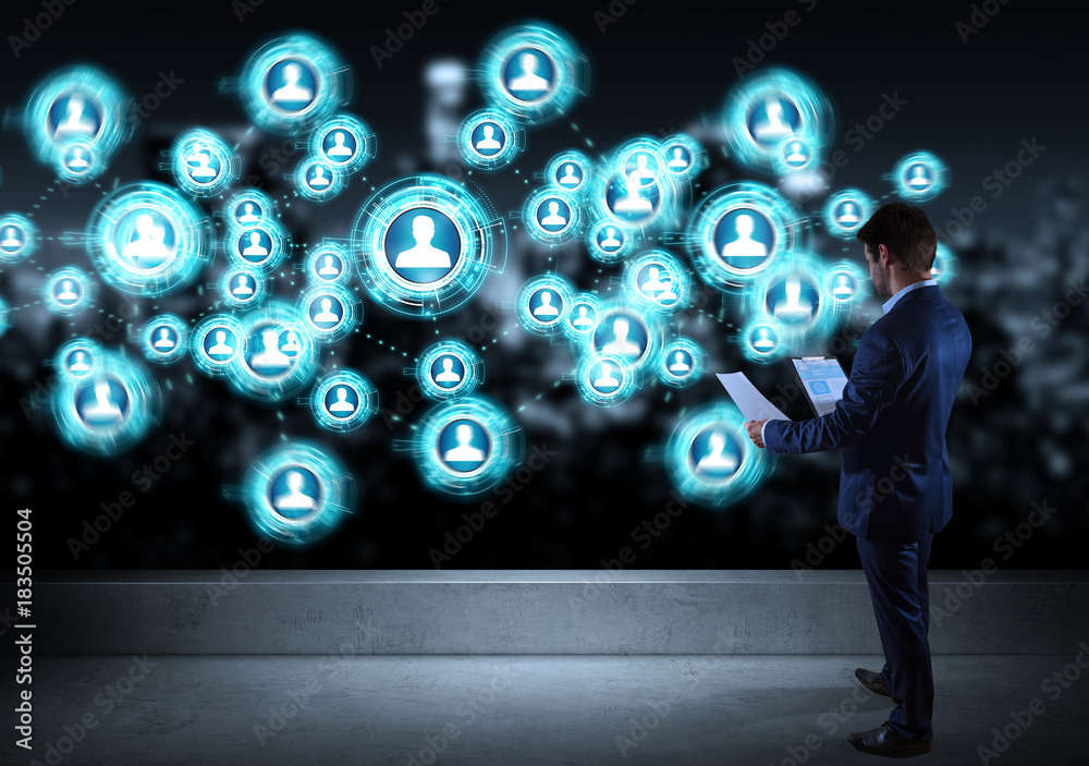 Poster Businessman watching social network interface on a rooftop 3D rendering