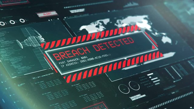 Breach detected message, satellite system under hacking attack, terrorism threat. Emergency alert message on screen, hacking in progress