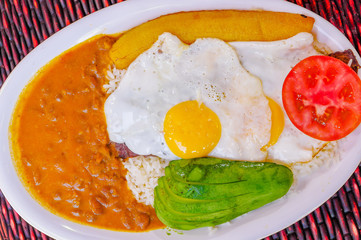 Close up of delicious ecuadorian food, rice, eggs, pplantains, avocado tomato served in a white plate over a wooden table