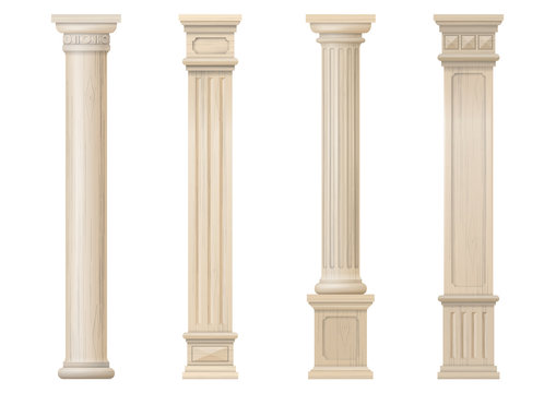 Set Vintage Classic Wood Carved Architectural Columns With Ornament For Interior Or Facade. Joinery Elements Or Balusters. Vector Graphics