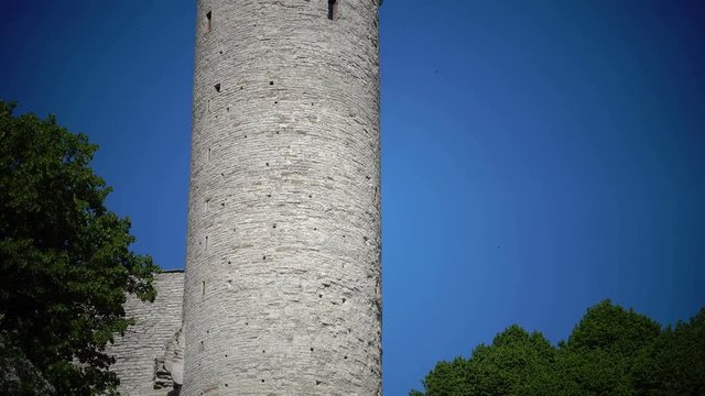 National flag of Estonia on blue sky move over Long Herman - a tower of Toompea Castle on the hill Toompea. Tallinn, Estonia