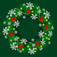 Christmas wreath decorated christmas star flowers, snowflakes and lights