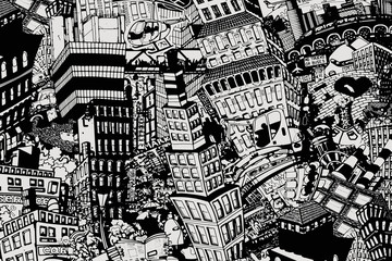 Fototapety  City, an illustration of a large collage, with houses, cars and people
