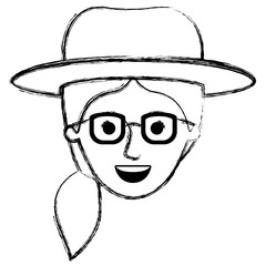female face with hat and glasses and pigtail hair in monochrome blurred silhouette vector illustration