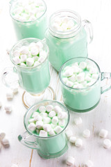 Obraz na płótnie Canvas Hot white mint chocolate with marshmallows, white background. Holidey drink