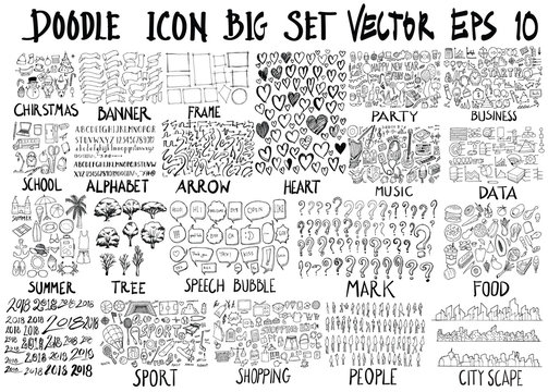 MEGA set of doodles vector collection of Christmas, ribbon, frame, heart, party, business, school, alphabet, arrow, music, info, summer, tree, bubble, mark, food, 2018, sport, shop, human, city scape