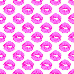 Pink female lips pattern on the white background.